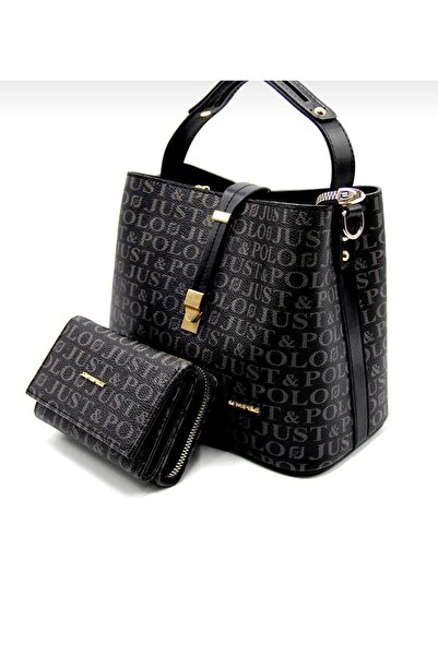 Just Polo مجموعة محفظة حقيبة نسائية مطبوعة بحروف واحدة باللون الأسود من Justp...