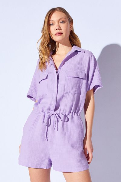Manche Lilac Double Pocket Flap Waist Tie Detailed Muslin Washed Shorts Jumpsuit |   Mks 281104 -01
