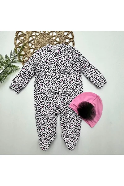 The LOG INVEST 0-3-6-9 Months Leopard Printed Full Length Baby Girl Jumpsuit with Snap Fasteners and Rose Bonnet
