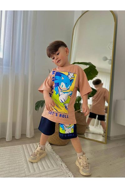 MİNİKO KİDS Costum din bumbac pentru băiat, cu model SONIC, cu pantaloni scurți imprimați
