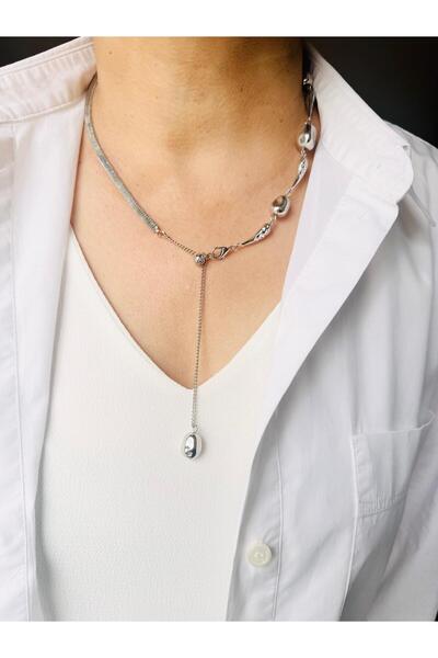 DEVİ fashion Asansörlü Silver Damla  Kolye