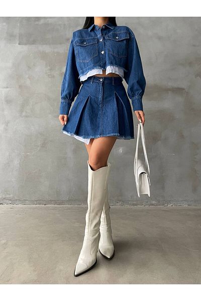 LB Laluna Butik Дамско сако и пола с джоб, дънков комплект