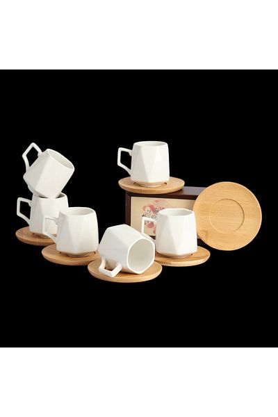 MİEN Mien 6 Personality Bamboo Saucer Cups Set-Porcelain Coffee Cup