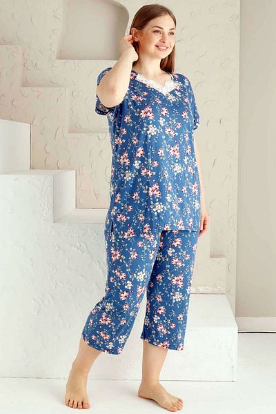 ALİMER Indigo Spring Branch Broken Dark Shield Big Size Bermuda Pajama Set