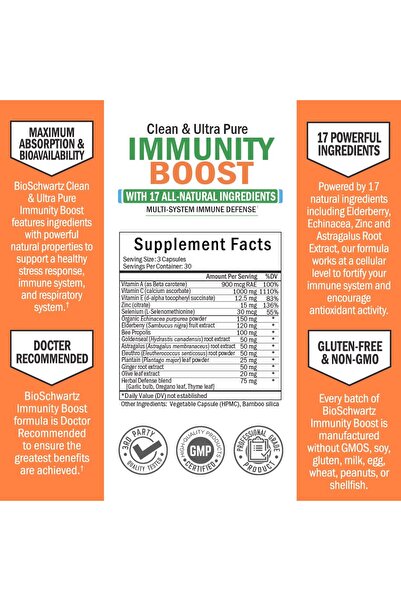 BioSchwartz Immune Support - Vitamin C, Zinc, Elderberry, Ginger, Bee Propolis, 90 Caps