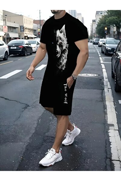 NoVibe طقم شورت تي شيرت قطن 100% كبير الحجم مطبوع عليه وولف وولف للجنسين