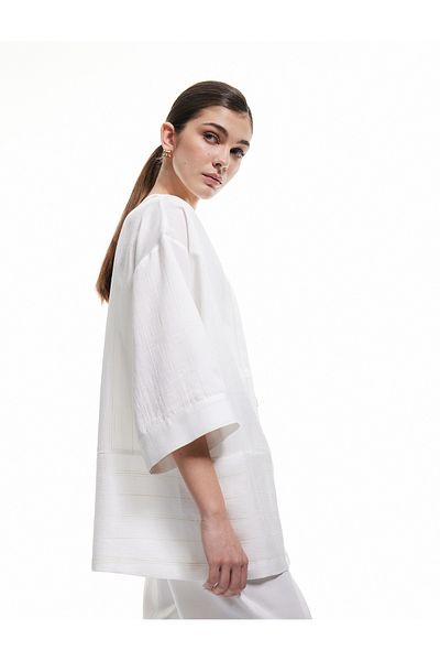 Koton Loose Fit Striped Linen Blended Kimono with Pockets