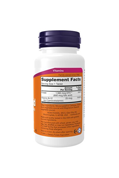 Now Foods Supplements, Folic Acid 800 mcg + B-12 (Cyanocobalamin) 25 mcg, B Complex Vitamin, 250 Tablets