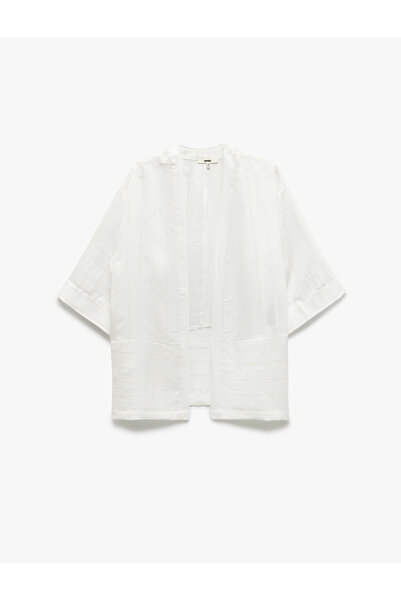 Koton Loose Fit Striped Linen Blended Kimono with Pockets