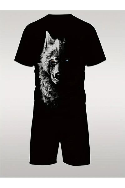 Massgai Unisex Wolf Wolf Printed Top-Bottom Suit T-Shirt Tracksuit Set