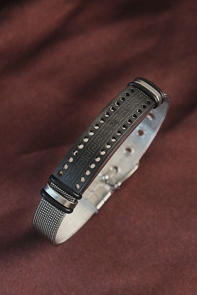 Lisinya 316L Steel Black Pyramid Pattern Adjustable Straw Cord Bracelet - Lisinya