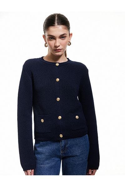 Koton Long Sleeve Buttoned Crew Neck Knitwear Cardigan with Pockets
