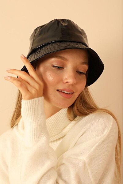 OLLEVRA Pălărie pentru femei din piele lacuită, tip pescar, din piele neagră