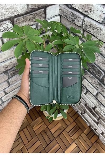 GUARD Green Safiano Zipper Portfolio Wallet Genuine Leather P3016
