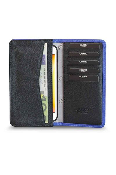 GUARD Blue Black Genuine Leather Portfolio Wallet, Includes Phone Access.