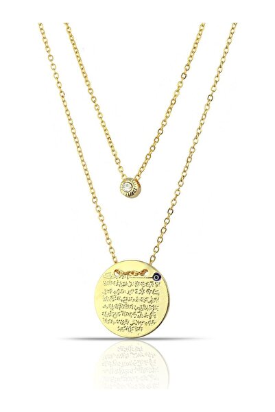 Herşey Nota Ayet El Kürsi Gold Plaka Kolye 2 li Nazar Boncuk Detaylı Taşlı Go...