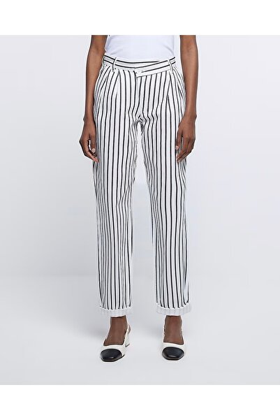 september island Beyaz Renk Siyah Çizgili Dar Paça Pantolon