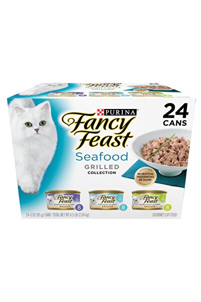 Fancy Feast طعام القطط الرطب المشوي فانسي فيست من بورينا، مجموعة متنوعة من المأكولات البحرية - 24 علبة، 3 أونصة.