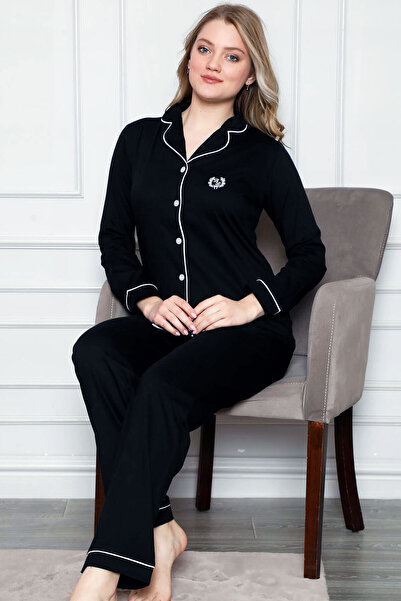 ALİMER Women's Black White Piped Front Buttoned Shirt Collar Long Sleeve 100%...