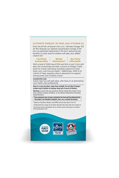 Nordic Naturals Ultimate Omega 2X Mini D3, Lemon - 1120mg Omega-3 + 1000IU D3 - 60 Soft Gels - Brain & Heart Health
