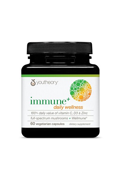 Youtheory Immune+ Daily Wellness - Vegetarian Immune Support with Vitamins C, D3, Zinc, Mushrooms - 60 Caps