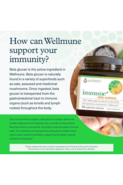 Youtheory Immune+ Daily Wellness - Vegetarian Immune Support with Vitamins C, D3, Zinc, Mushrooms - 60 Caps