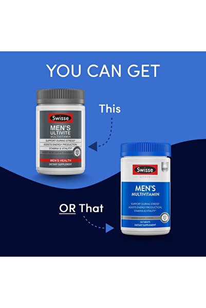 swisse Ultivite Men's Multivitamin | 50 Nutrients + Adaptogens | Energy, Stress, Immune Support | 120 Tabs