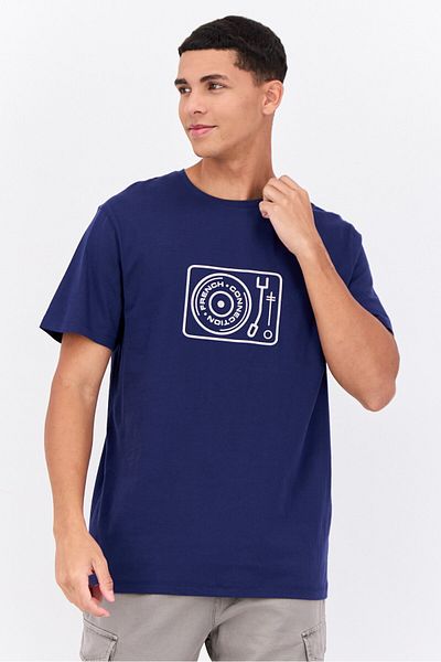 French Connection Men Crew Neck Short Sleeve Printed T-shirts, Navy Blue