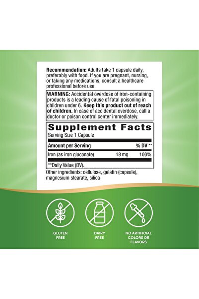 Nature's Way Iron for Healthy Red Blood Cells, 18 mg Iron Gluconate, Gluten Free, 100 Capsules