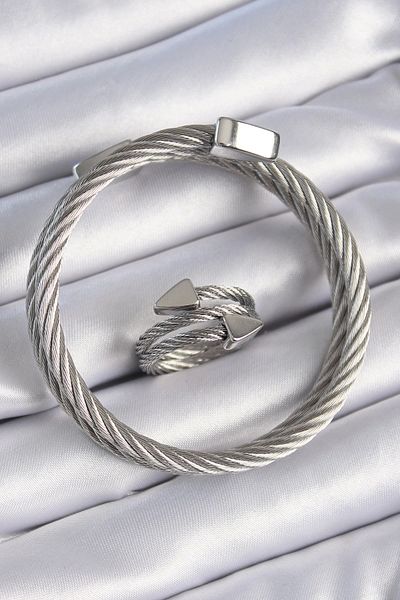 Lisinya 316L Steel Silver Color Spiral Model Men's Bracelet Ring Combination - Lisinya