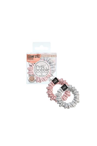 INVISIBOBBLE Pink & Silver Satin Hair Scrunchies x2 - Slim Spiral Elastic, IB-SPSL-HP10002
