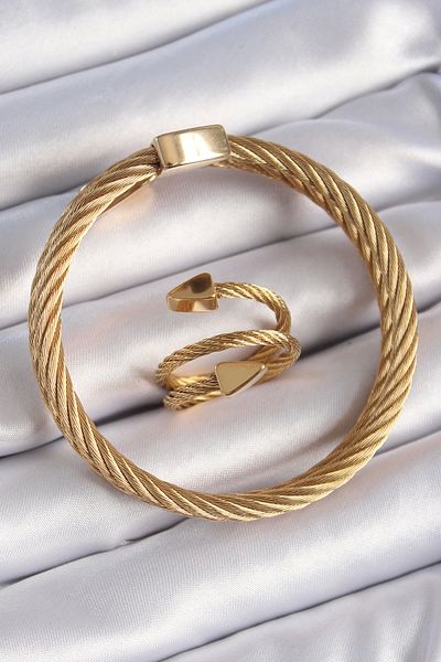 Lisinya 316L Steel Gold Color Spiral Model Men's Bracelet Ring Combination - Lisinya