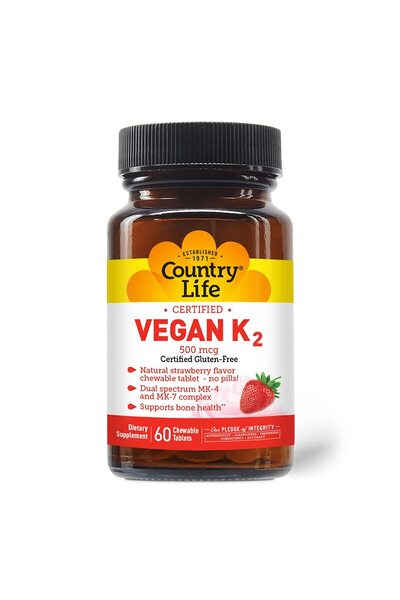 COUNTRY LIFE Vegan Vitamin K2, 500 mcg, MK-4 & MK-7 Complex, Bone & Teeth Health, 60 Chewable Strawberry Tablets
