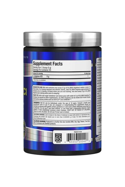 ALLMAX Nutrition ALLMAX ARGININE HCL 400g - Nitric Oxide Precursor - Vegan, Gluten-Free - 200 Servings
