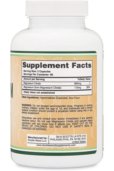 Double Wood Supplements Magnesium Citrate 800mg, 180 Caps, Digestion & Constipation Support, Vegan, Non-GMO, Double Wood