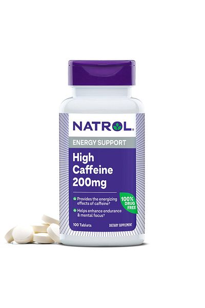 Natrol مكمل غذائي عالي الكافيين 200 ملجم لكل وجبة، مكمل غذائي لدعم الطاقة للبالغين، 100 قرص، إمداد لمدة 100 يوم
