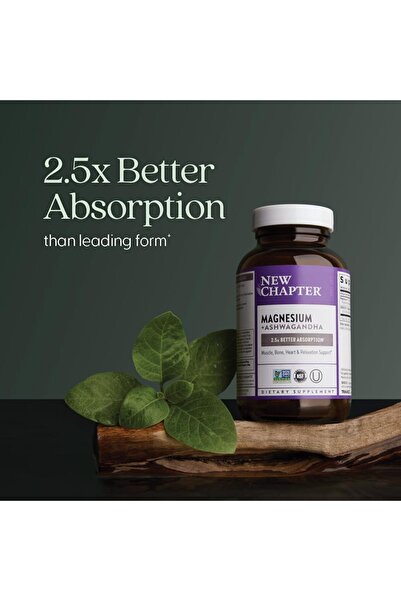 New Chapter Magnesium + Ashwagandha 325mg for Calm, Muscle, Heart & Bone Health, 2.5x Absorption - 30ct