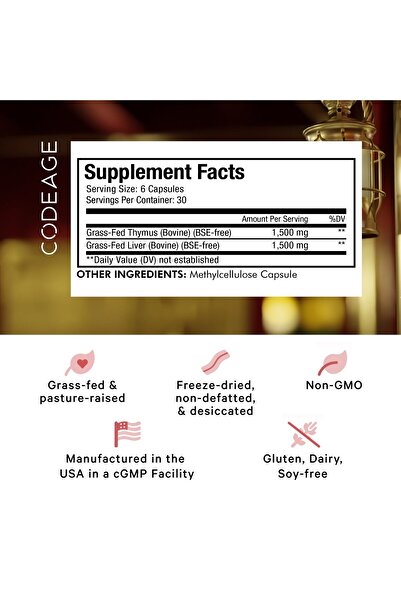 Codeage Grass Fed Beef Thymus & Liver, Freeze Dried, Non-GMO, 180 Capsules