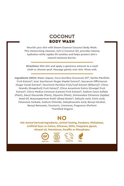 Desert Essence Coconut Body Wash with Jojoba Oil, Organic Coconut Oil, Shea Butter - Vegan, Cruelty-Free - 8 oz
