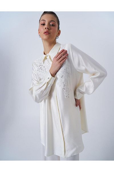Kayra Satin Tunic - Ecru with Lace Applique