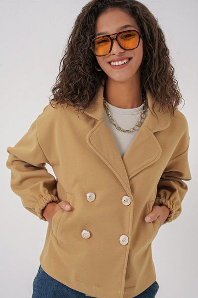 JANES 9117 Model Mustard Crop Jacket - Double Breasted Collar