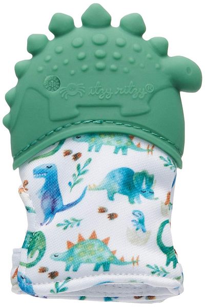 Itzy Rıtzy Silicone Teething Mitt, Adjustable Strap, Crinkle Sound, Textured, 3+ Mos, Green Dino