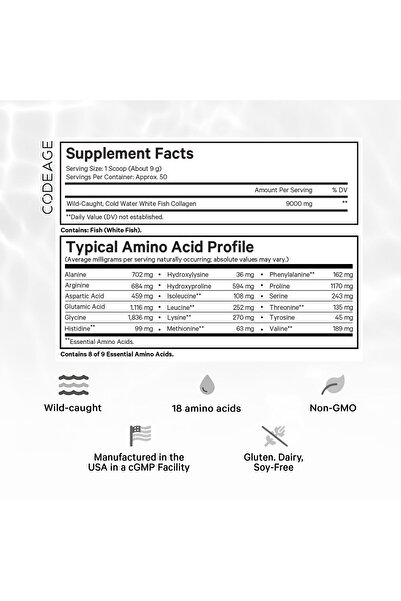 Codeage Marine Collagen Powder - Hydrolyzed Fish Peptides, Type 1 & 3, Skin, Hair, Nails, Non-GMO, 15.87 oz