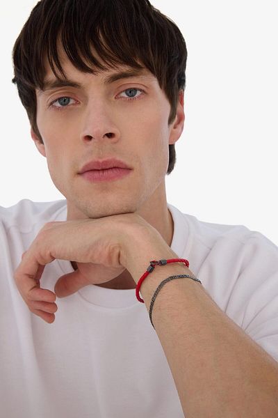DeFacto AtolyeWolf x DeFacto Herren-Armband aus zweiteiligem rotem Leder mit Stahlfragmenten und schwarzer Stahlkette E609