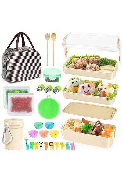 fulina 27 PCs Lunch Box Kit, Stackable 3-in-1 Compartment,With Soup Cup Spoon Fork, for kids and Adults