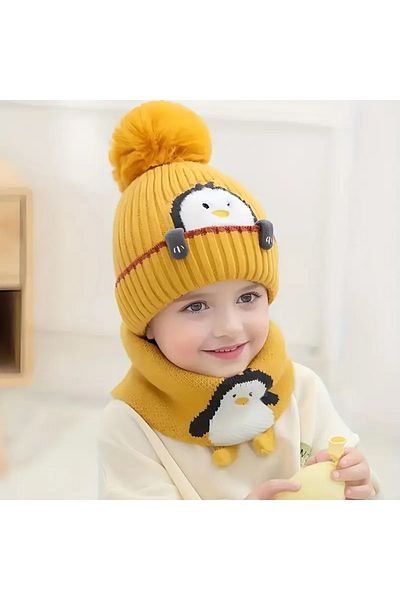Hobi Kafe Penguin Patterned Fleece Inside Beret Neck Collar Set for 1-3 Years Old Children