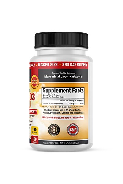 BioSchwartz Vitamin D3 5000 IU, Immune & Bone Support, Olive Oil, Gluten-Free, Non-GMO, 360 Softgels