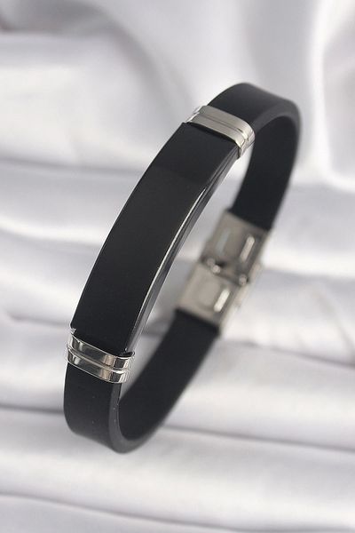 Lisinya 316L Steel Black Color Plate Black Leather Cord Men's Bracelet - Lisinya