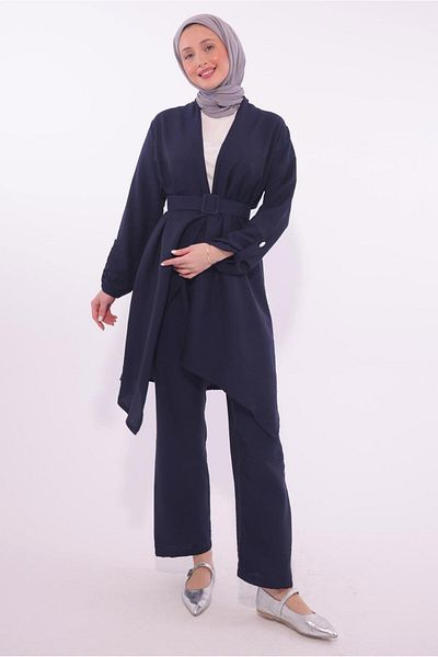 TRENDTESETTÜR Women's Navy Blue Belted Trousers Suit t 0274