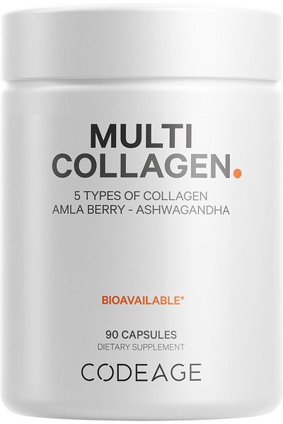 Codeage Multi Collagen Capsules, 5 Types, Grass-Fed Hydrolyzed Bovine, Ashwagandha, Amla - 90 Caps